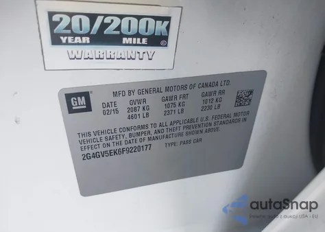 2015 Buick Regal 1Fl from USA, damaged, VIN 2G4GV5EK6F9220177